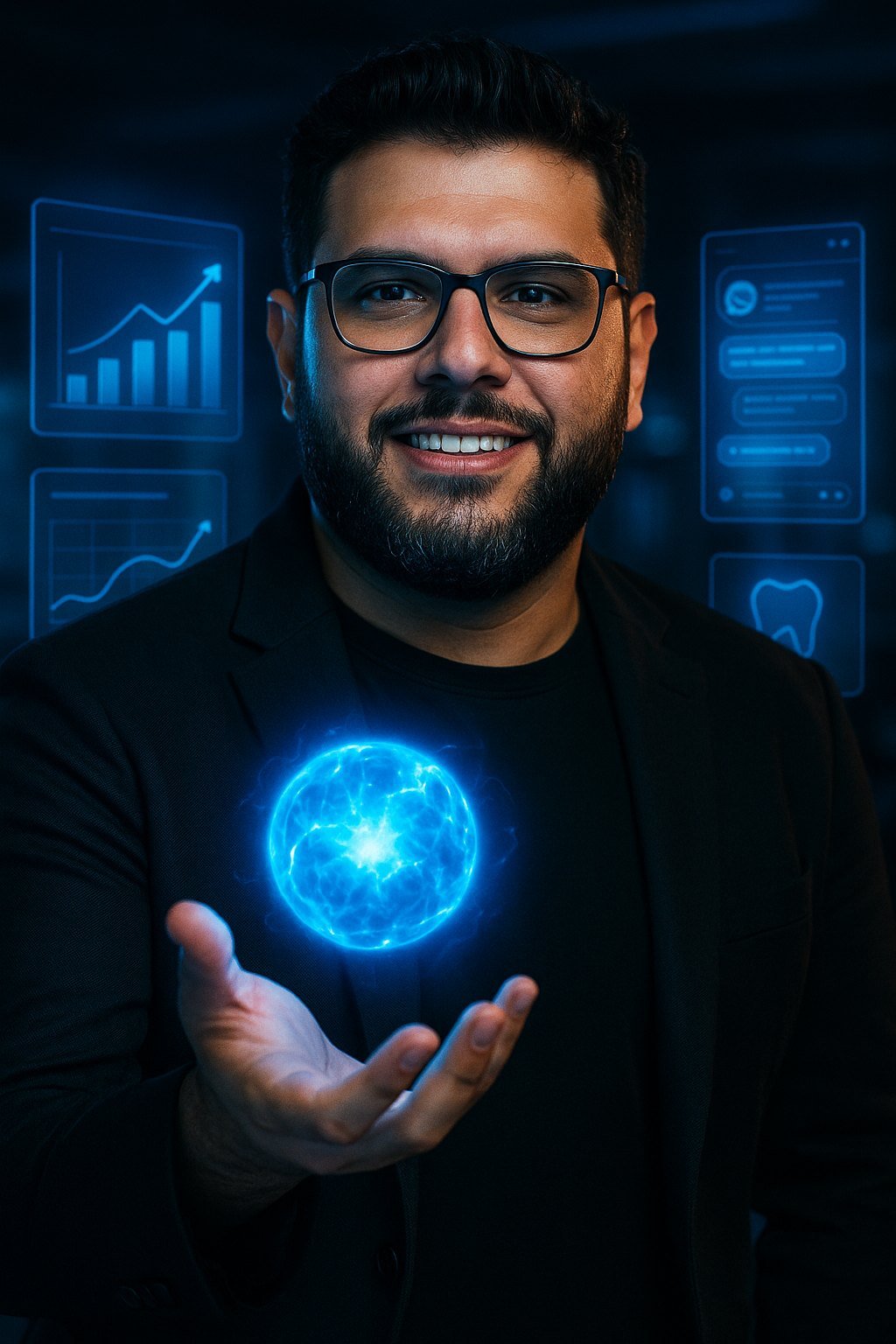 Fundador da Blue Time cercado por painéis holográficos de dashboards de tráfego, conversas de WhatsApp e agenda de pacientes — a IA a serviço da estratégia.
